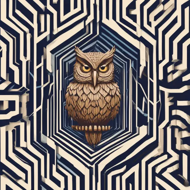 An owl protectively guards a golden API key in the center of a complex digital maze, representing secure authentication methods and encryption techniques