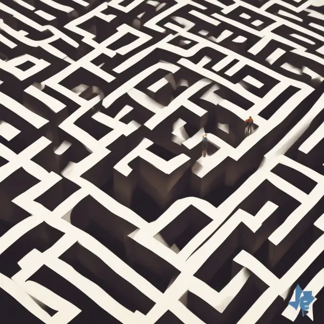 A trader navigates a maze representing API limitations and hidden fees, illustrating the challenges faced when using trading APIs.