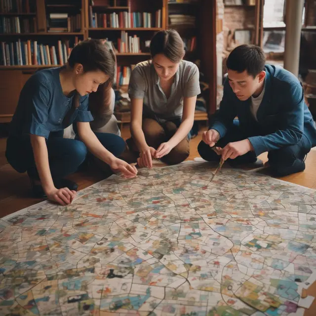 Scholars working on a jigsaw puzzle of an economy, representing their use of case studies, econometrics, and statistical analysis to uncover insights.
