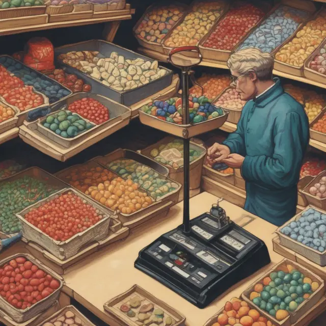 A person stands at a marketplace considering their choices, with scales representing economic theories of rational choice theory, game theory, and behavioral economics.