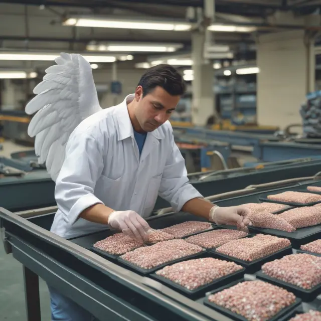 Quality control guardian angel meticulously examines materials flowing on a conveyor belt, ensuring consistent standards for company