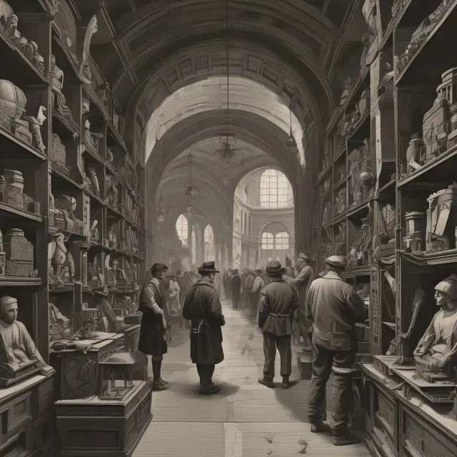 Three guardians (retailer, manufacturer, technologist) appraising chests representing retail, manufacturing, and technology industries