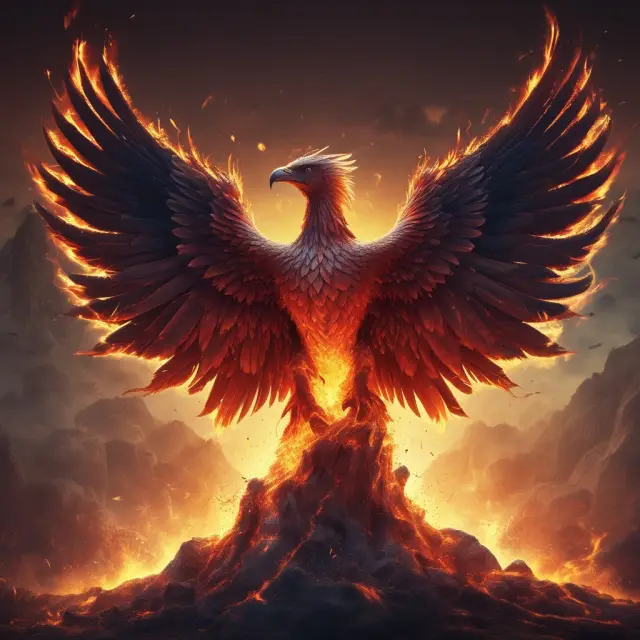 A phoenix reborn from flames represents AMCs embracing technology for future growth and innovation.