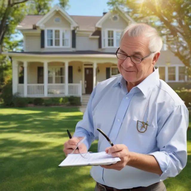Appraiser evaluating property value: Magnifying glass and compass