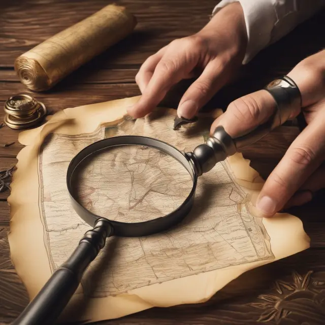 Appraiser examining a treasure map and an insurance policy, symbolizing the process of determining the value of assets for coverage and claims