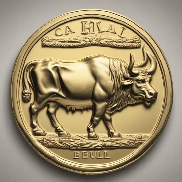 A capital bull standing on a golden coin represents the growth of different appreciating assets like stocks, real estate, bonds, and currencies.