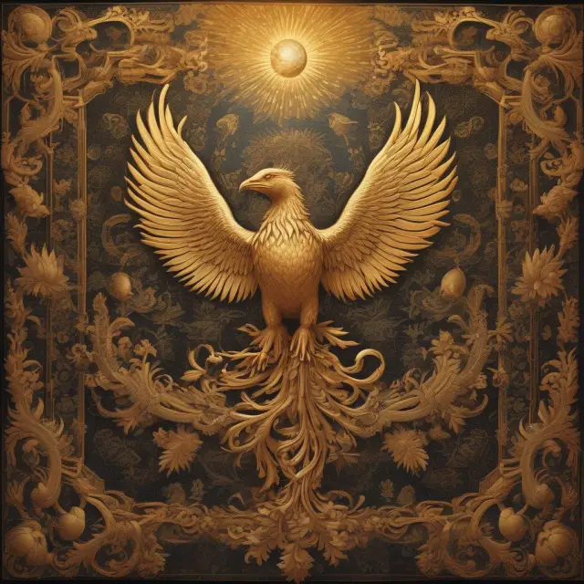 A golden phoenix rising above a multicolored tapestry of currencies represents currency appreciation in international trade