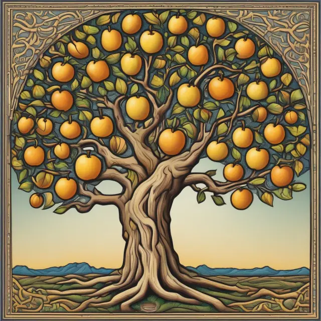 A metaphorical tree laden with golden apples representing wisdom about asset appreciation, alongside questions and answers branches