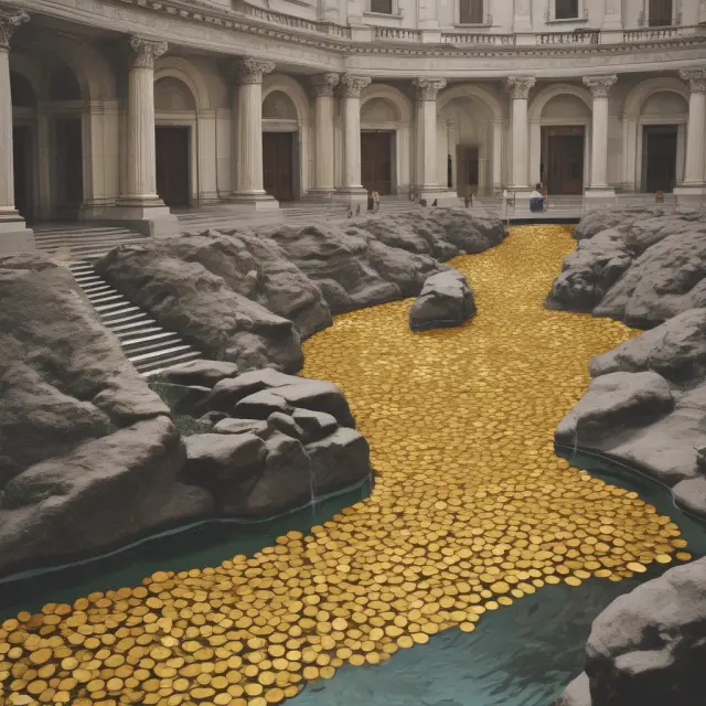 Golden coins flowing in a river through Congressional halls, representing government appropriation process