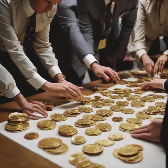 Golden coins being meticulously distributed among 12 departmental plates on a table, illustrating the US federal budgeting and appropriation process.
