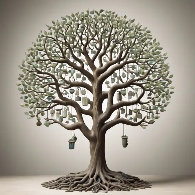 An entwined tree symbolizing mandatory spending branches of Social Security and Medicare, contrasting with a dynamic, adaptive tree representing discretionary appropriations