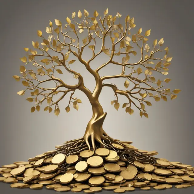 A tree growing with golden coins as roots and new leaves, representing companies investing their appropriated retained earnings into growth.