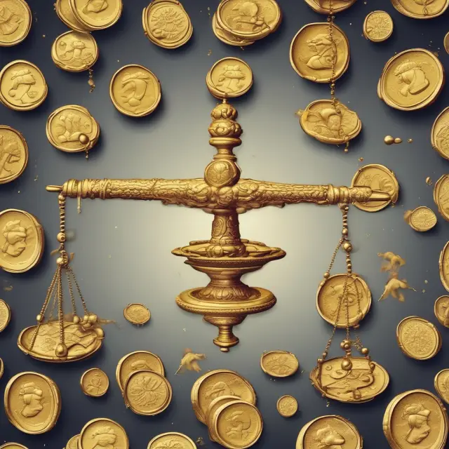 An ancient balance with golden coins on one side and intangible gems on the other, symbolizing the importance and limitations of appropriation analysis in evaluating financial allocations
