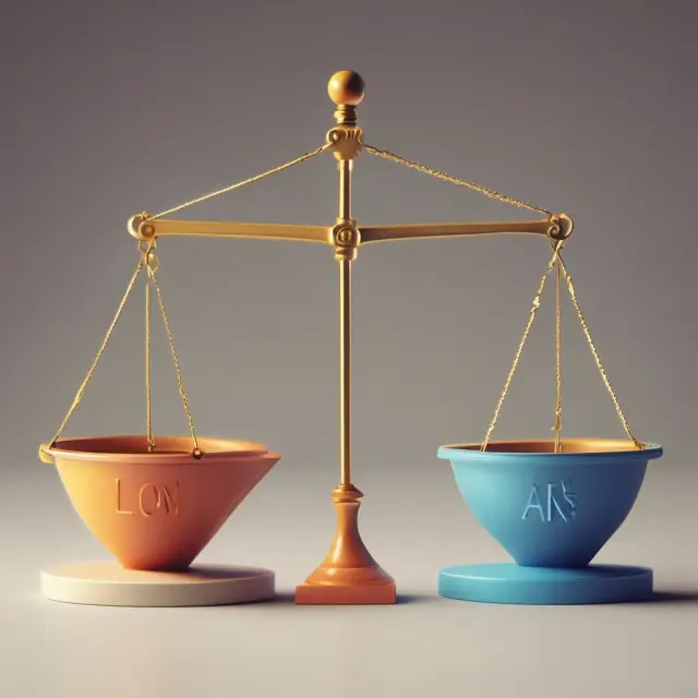An image of a balance scale with two pans, one for loans and another for investments, balanced at the fulcrum point by an APR label