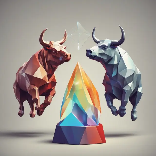 Bull and bear representing Arbitrage Pricing Theory and Capital Asset Pricing Model or Factor Analysis, standing on a prism symbolizing the comparison between their assumptions and applications.