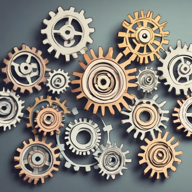 A complex gear system with eight interconnected gears representing the different types of aptitude tests and their role in guiding career and educational choices