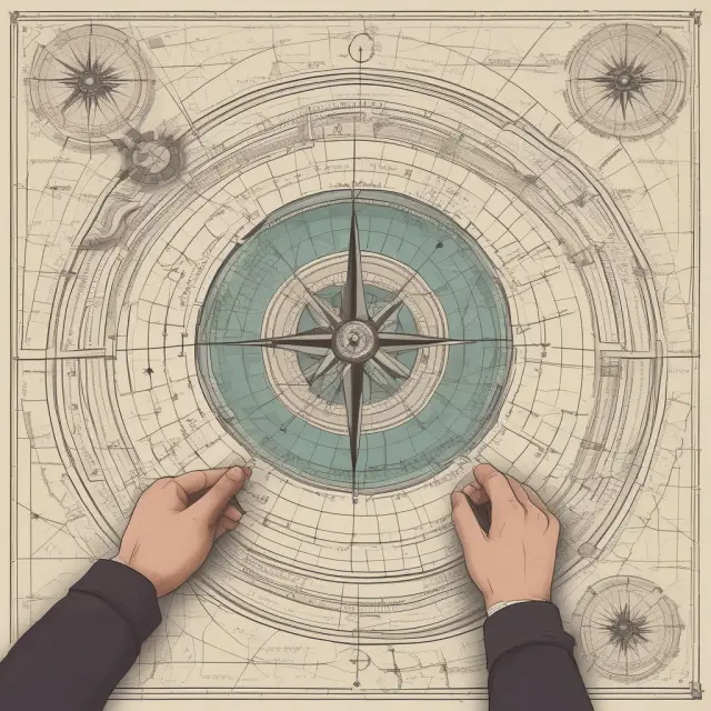 A person examines a map with different paths, using a compass to determine the best course based on aptitude test results.