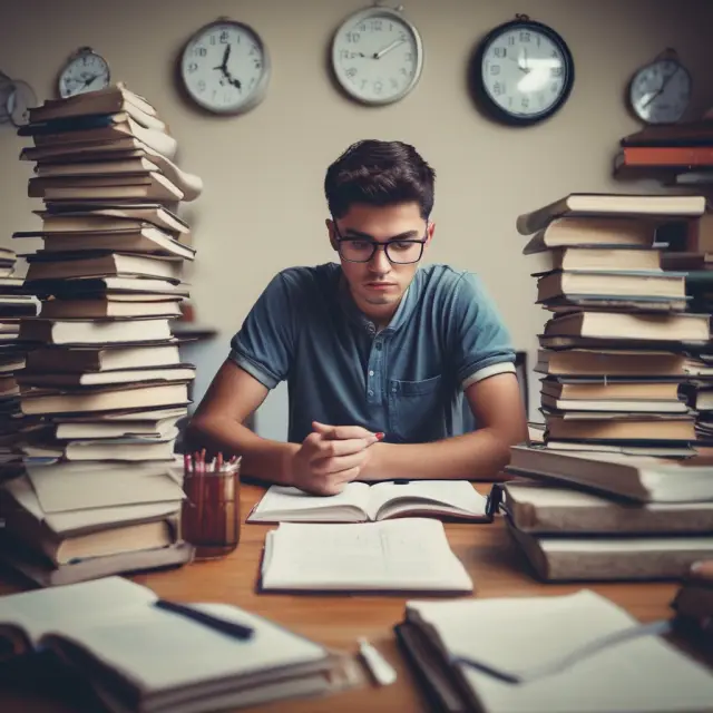 A student studying at a desk, surrounded by books and practice tests, with a clock ticking and a stopwatch running to emphasize effective preparation for aptitude tests
