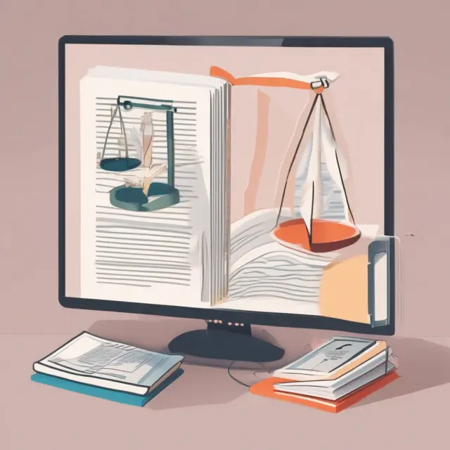 A balance with a digital scale weighing a book on one side and a computer on the other, representing online and paper-based aptitude tests