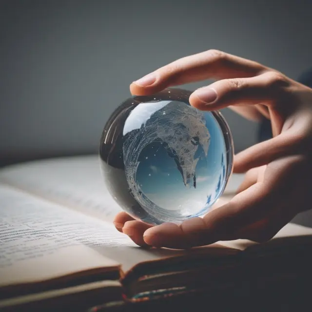 Person examining crystal ball containing swirling aptitude test results, symbolizing the use of test data in educational and career planning
