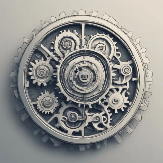 An intricate cogwheel mechanism represents various aptitude test sections assessing skills like logical reasoning, numerical ability, and spatial relations.