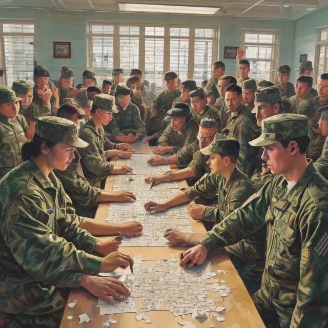 Soldiers examining various sections of an ASVAB test, symbolizing individuals contributing diverse aptitudes to the military