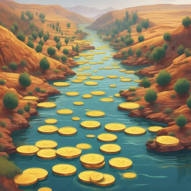 Golden coins symbolizing various investments flow through winding rivers, with some offering faster compounding rates, illustrating APY comparisons.