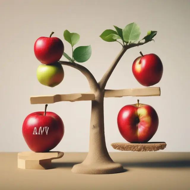 Visualization of Fixed APY vs. Variable APY as apples on a see-saw, symbolizing financial stability and potential returns in investing