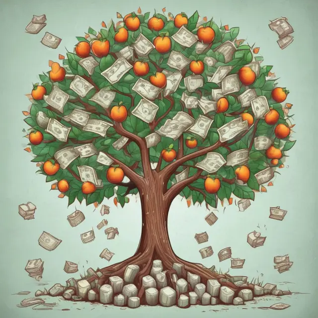 Money tree with various high-yield savings accounts, compounding interest fruits growing from each branch