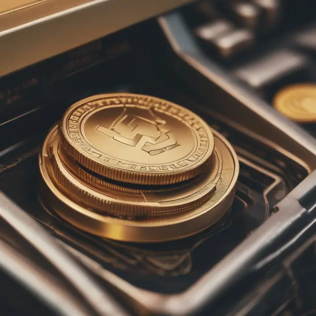 Golden coin grows in size as it passes through a compounding interest machine, emphasizing the growth potential of APY.