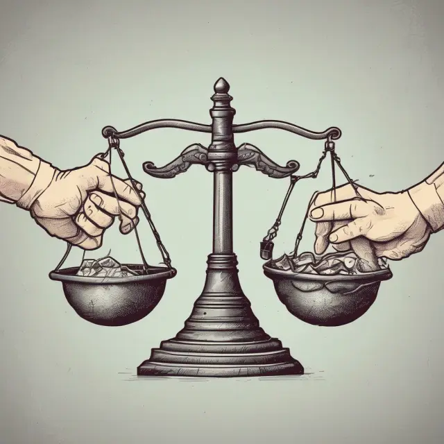 An image featuring a pair of scales with one hand representing advantages and the other hand representing disadvantages of adhesion contracts, highlighting their balance.