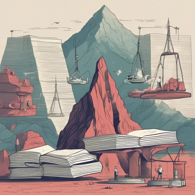 Judge scaling a mountain of digital contracts to ensure transparency, accessibility, and fairness.