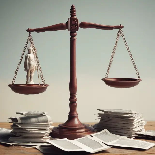 An enormous scale with a balance tipping between justice (a blindfolded woman) and unfairness (a heavy bag labeled 