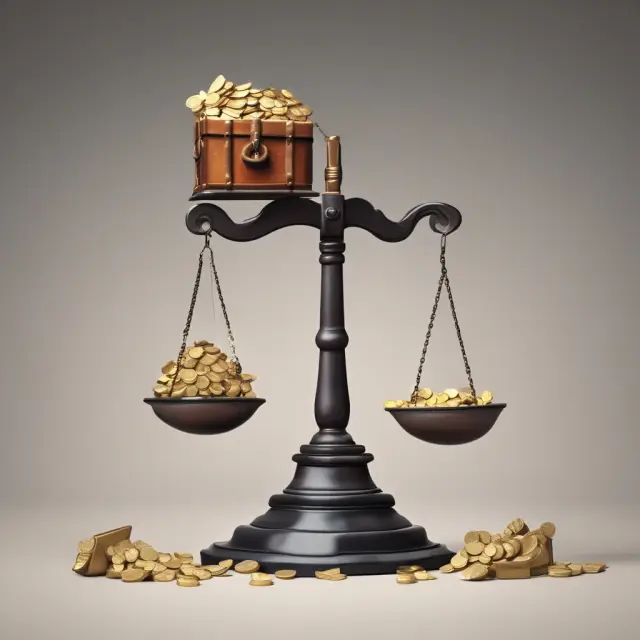 Scale tips towards a treasure chest, illustrating how a well-allocated advertising budget drives sales and revenue growth