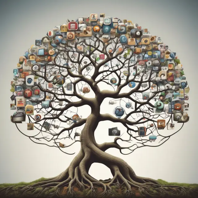 A tree with traditional media roots and digital branches growing side by side, representing a successful advertising campaign that leverages both mediums.