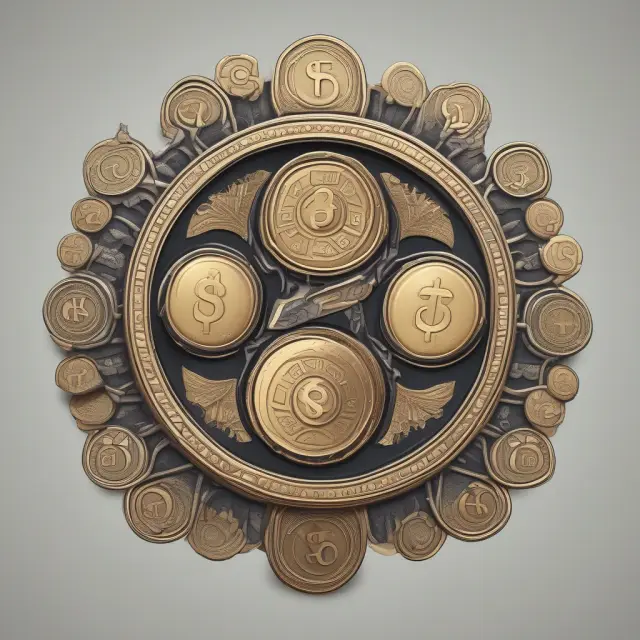 Scales with yin-yang symbols balanced by advertisement coins symbolizing short and long-term budget allocation