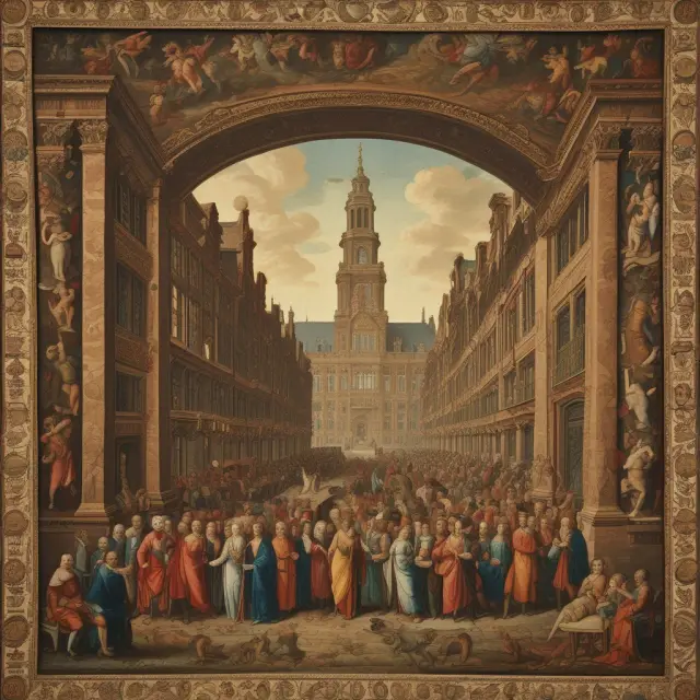 An intricately woven tapestry illustrating pivotal milestones in the development of the Amsterdam Stock Exchange, from its founding to its present role as a cornerstone of European finance.