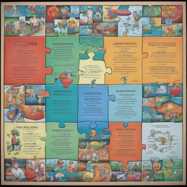 A dynamic and colorful image of interlocking puzzle pieces forming a complete ACA logo. Key components: essential benefits, Medicaid expansion, insurance exchanges, mandates, and premium tax credits.