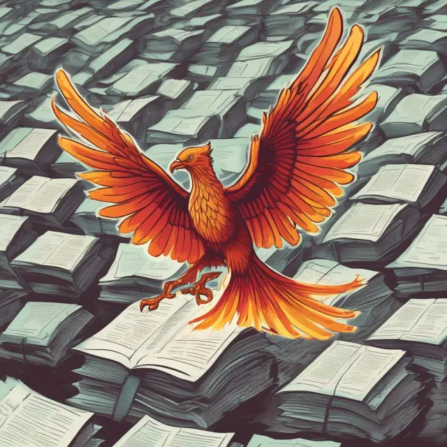 A phoenix emerging from a body of medical documents, representing the Affordable Care Act