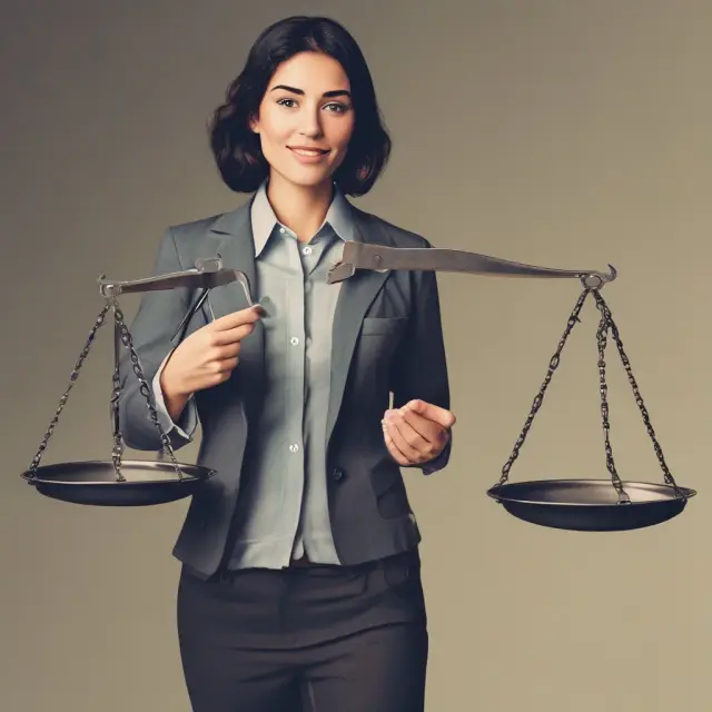 An IRS agent standing atop a set of balances, one pan holding the Affordable Care Act, the other filled with scales representing fairness and balance.