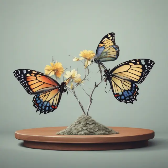A visual metaphor of Two-way Analysis of Variance: two intertwined scales symbolizing independent variables, a butterfly emerging as the dependent variable illustrating interaction and main effects