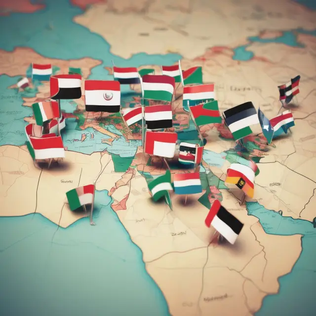 Seven Arab flags forming a connected table on a map, representing the unity and cooperation within the Arab League.