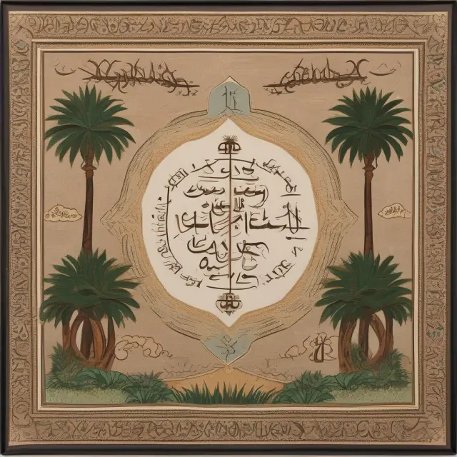 A beautifully woven tapestry featuring Arabic text representing the Arab League Charter, uniting seven palm-tree filled oases symbolizing member countries
