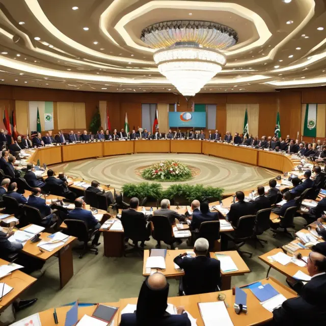 Arab League members forming a human chain, symbolizing unity and cooperation, while constructing a bridge, representing economic integration