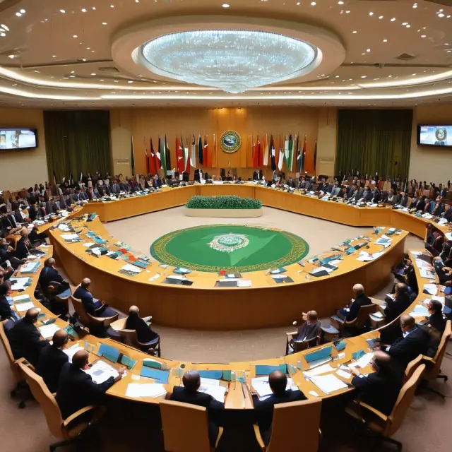 A diverse gathering at the Arab League Council table, with representatives from member states forming a mosaic of unity, working together to reach consensus