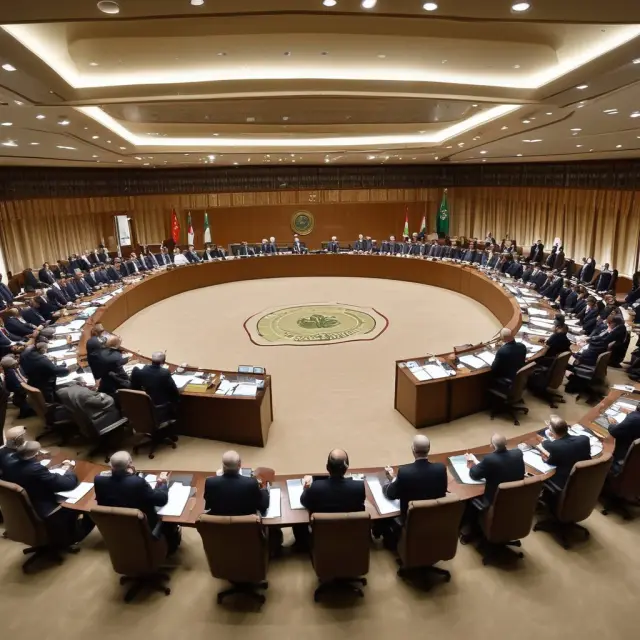 Image of Arab League members balancing a unity structure representing their region while dealing with internal conflicts and external interference