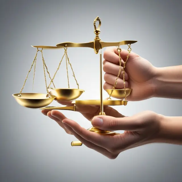 A golden hand holding a balance scale with stock tickers representing Arbitrage Trading