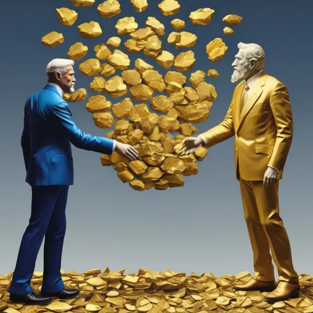 Gold nuggets symbolizing assets being traded in arbitrage between two market giants. Bridging price gaps with precision.