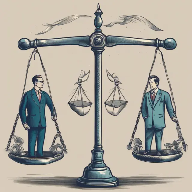 An arbitrage trader holding a set of scales, with undervalued stocks on the left and overvalued stocks on the right, signifying the process of profitably exploiting market discrepancies