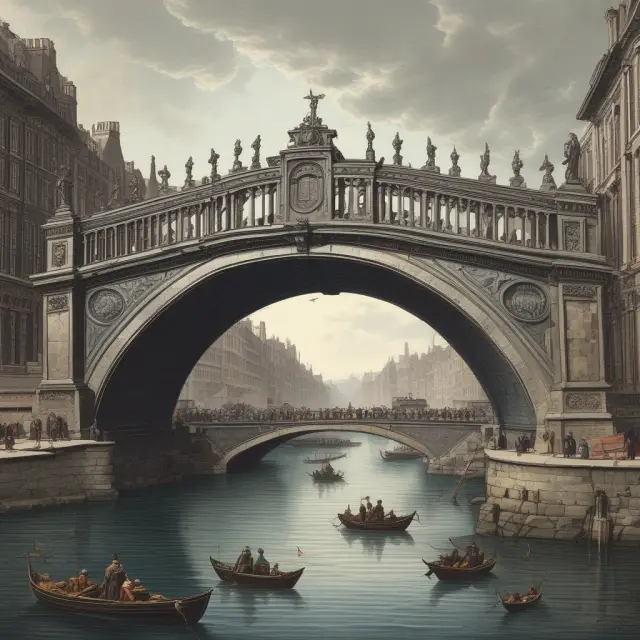 Two ancient coins on either end of a bridge signifying successful arbitrage trades between London and New York markets